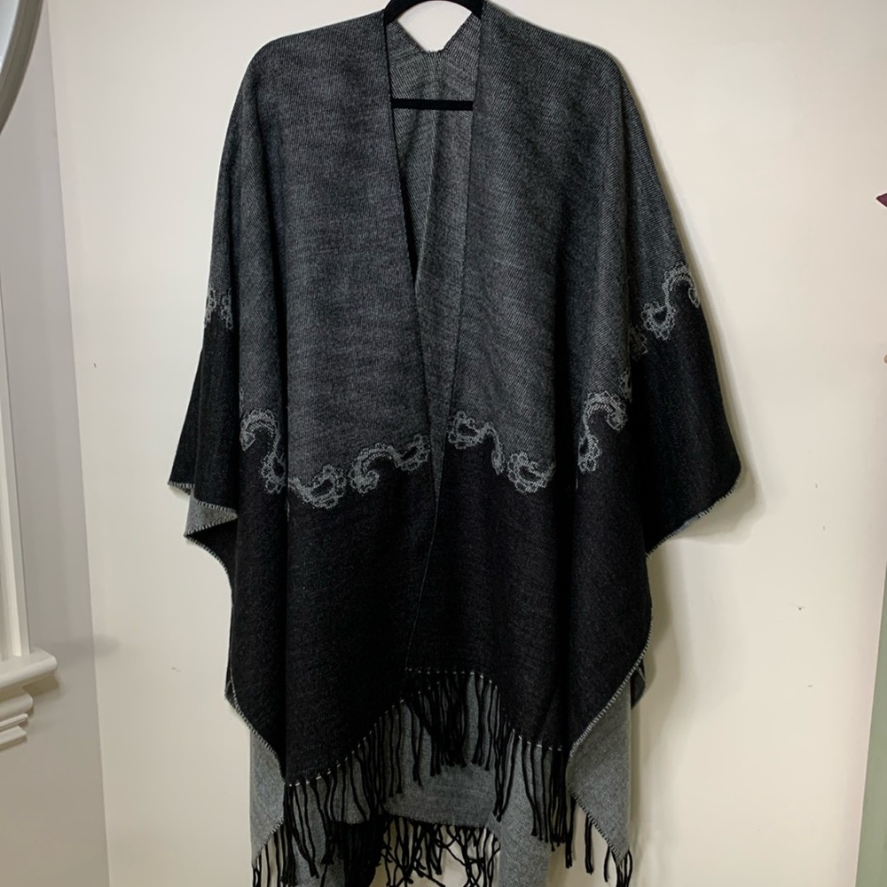 WOOL blend wrap, poncho, cape black gray one size 74 inches GORGEOUS!!
